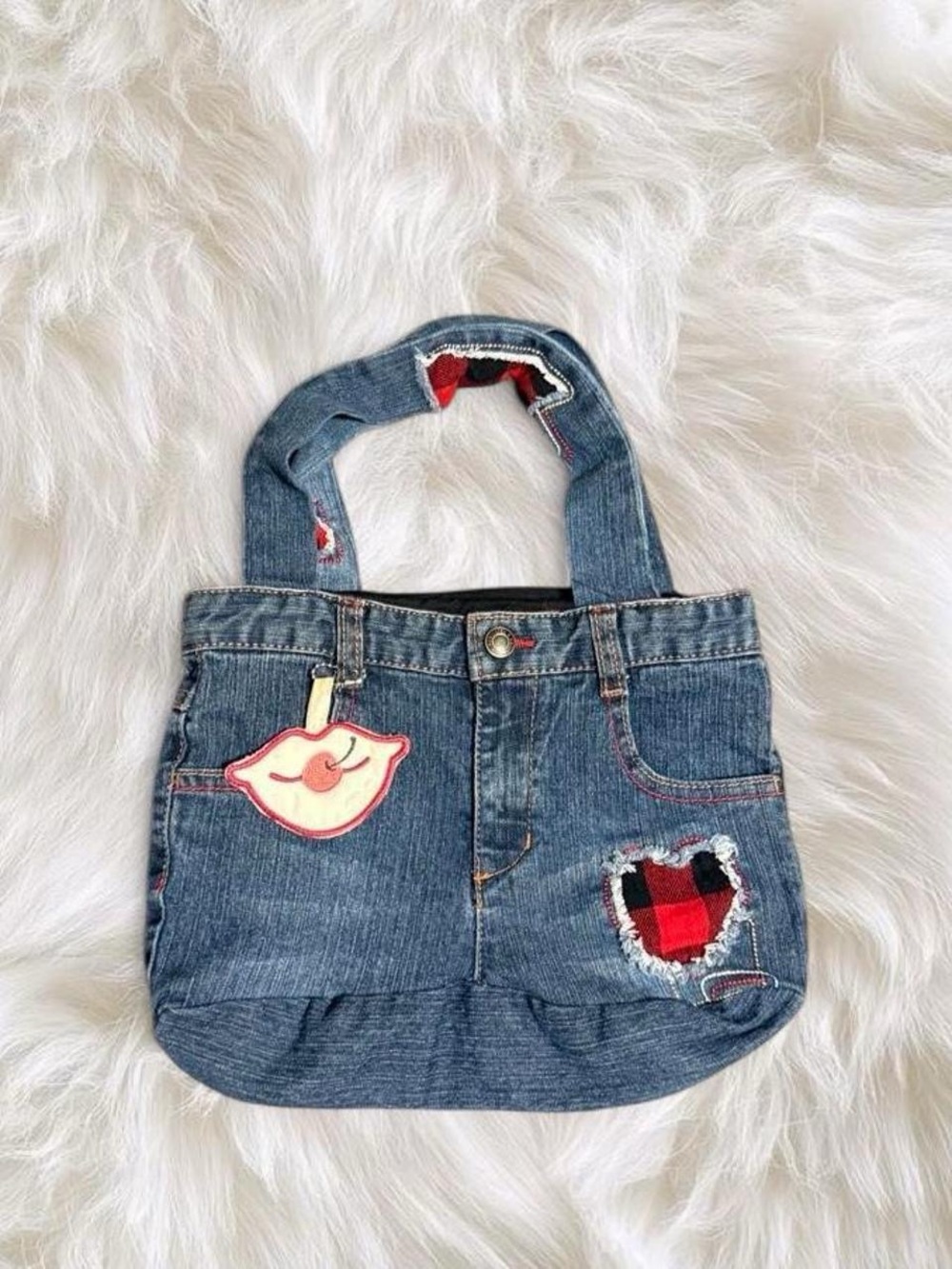 Denim Patch Tote Bag with Red Plaid Heart